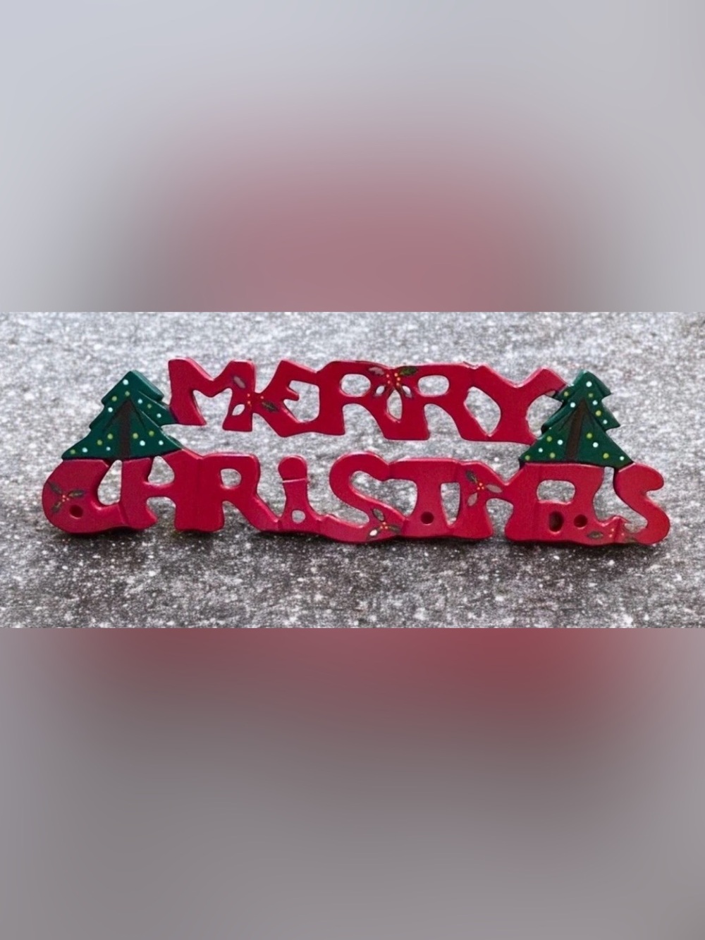 Merry Christmas Sign Hand Painted Wood Wall Hanging Red and Green With Trees